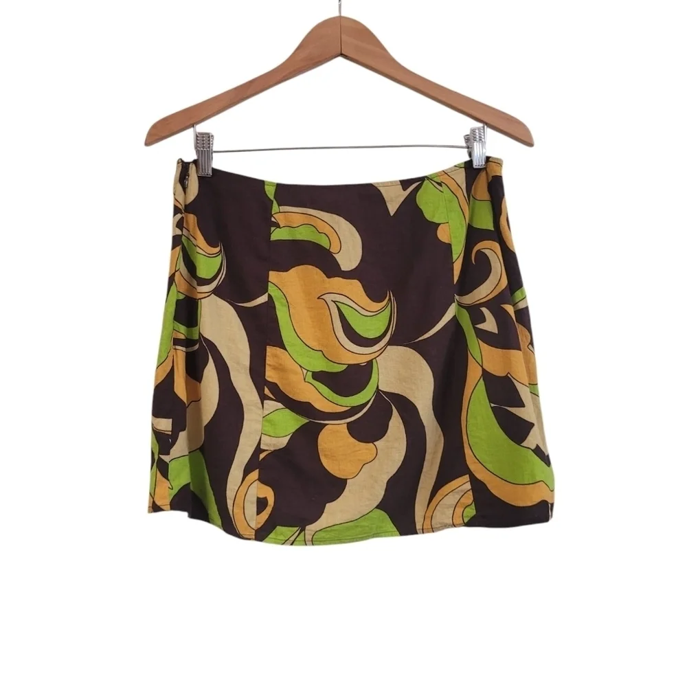 New Urban Outfitters Green Retro Phychedelic Linen Blend Mini Skirt Large 70s
